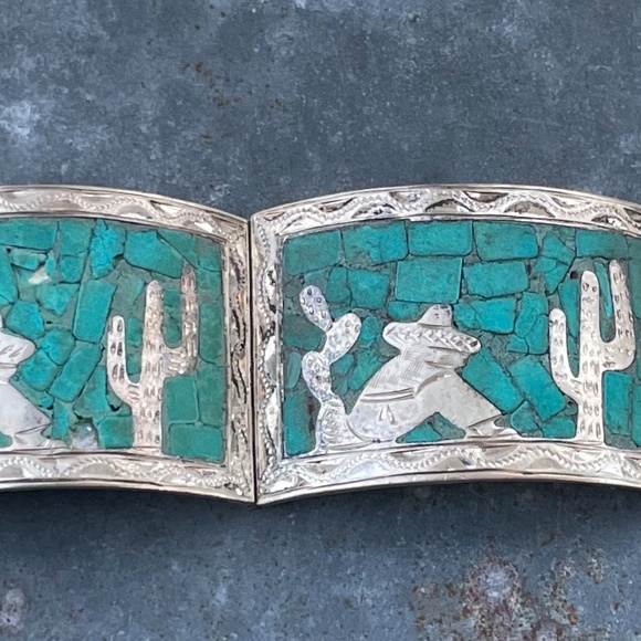 Vintage Mexico Sterling Turquoise Inlay Link Bracelet 6.5" - Picture 6 of 6